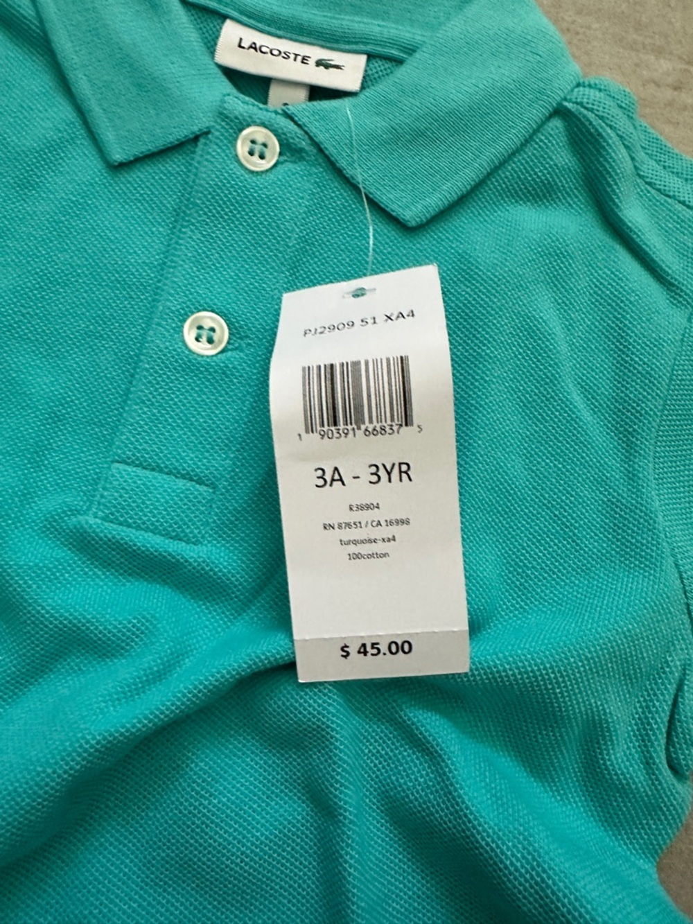 Lacoste Kids Short Sleeve Polo in Teal - 3T - NWT - Picture 3 of 4